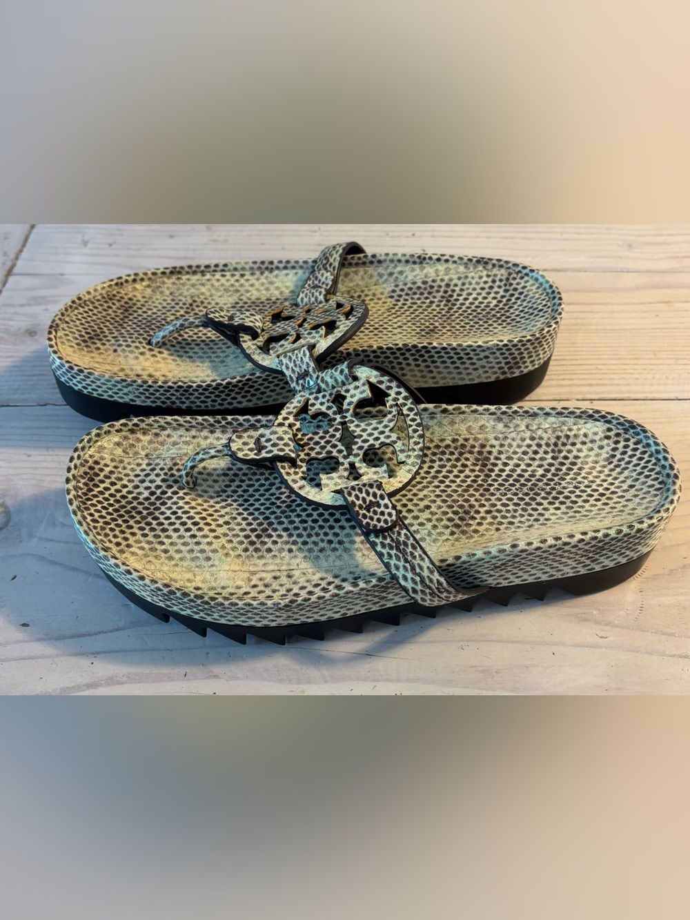 Tory Burch Snake-Print Platform Thong Sandals in Pale Green and Black